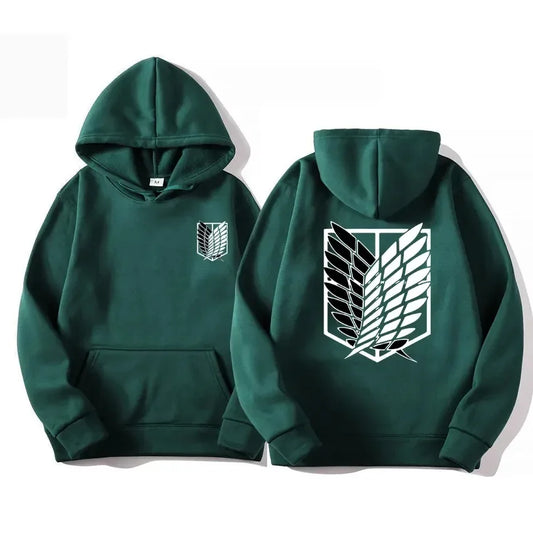 Green Attack on Titan Hoodie with the Survey Corps emblem on the front and back for fans of the anime.