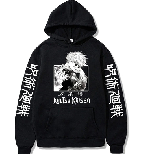 Black unisex hoodie featuring a bold graphic of Gojo Satoru from Jujutsu Kaisen, showcasing his signature blindfold and intense gaze. The hoodie offers a relaxed fit, adjustable drawstring hood, and a front kangaroo pocket for comfort and style.