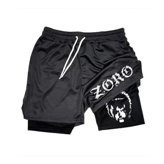 One Piece Zoro Gym Shorts featuring a Zoro-themed logo. Made from breathable, moisture-wicking fabric for comfort during workouts or casual wear.